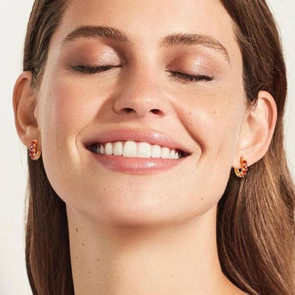 14K Yellow Gold 925 Sterling Silver with Ruby Red Cubic Zirconia Huggie Earrings - Picture 6 of 7